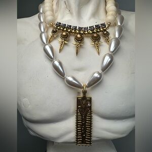 DYLANLEX Layered Statement Necklace Set Pearl Wood Bead Rhinestone Tribal